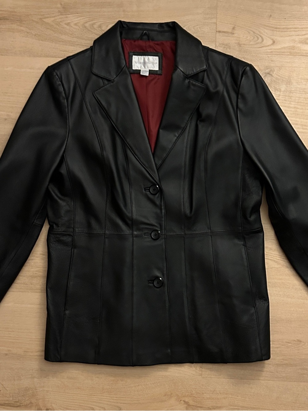 Worthington Black Leather Blazer with Burgundy Lining